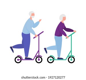 Seniors ride scooters together. ride elderly man and elderly woman . retirees lead a healthy lifestyle. Recreation of the elderly. Vector illustration 