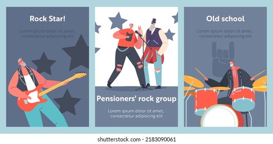 Seniors Rock Band Banners. Old Artists Performing on Stage with Electric Guitars and Drum, Pensioners Music Concert. Characters in Rocking Outfit with Musical Instruments. Cartoon Vector Posters