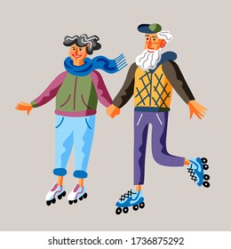 Seniors roller skate flat vector illustration. Grandparents holding hands together riding roller-skates cartoon character. Outdoor rest, leisure concept. Extreme sport, active lifestyle