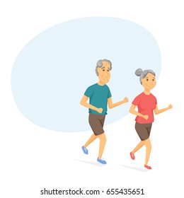 Seniors running and smiling. Pensioners jogging together. Old man and women leisure vector illustration. Healthy lifestyle