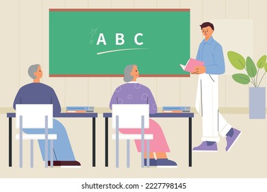 seniors school. Grandfather and grandmother are taking lessons in the classroom.