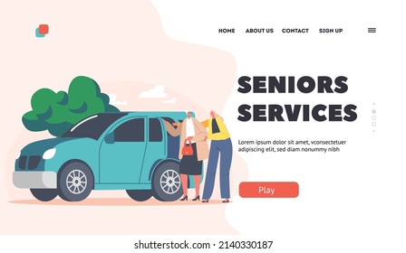 Plantilla de la página de inicio de servicios para adultos mayores. La joven voluntaria ayuda a las ancianas a sentarse en el auto. Voluntariado, Apoyo a las Personas de Edad, Asistencia y Atención Social. Ilustración del vector de dibujos animados