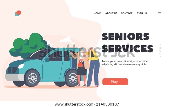 Seniors Services Landing Page Template.\
Volunteer Young Female Character Help to Old Woman Sit in Car.\
Volunteering, Support of Elderly People, Assistance and Social\
Care. Cartoon Vector\
Illustration
