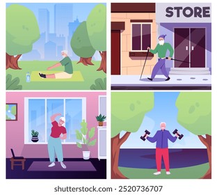 Seniors sport training in home, park, street vector flat illustrations set. Active retired characters doing gymnastics exercises outdoors with dumbbell, Nordic walking poles. Healthy sport lifestyle