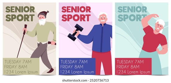 Seniors sport training vector invitation poster set. Active retired characters doing gymnastics exercises. Cartoon elderly people with dumbbell, Nordic walking poles. Healthy sport lifestyle