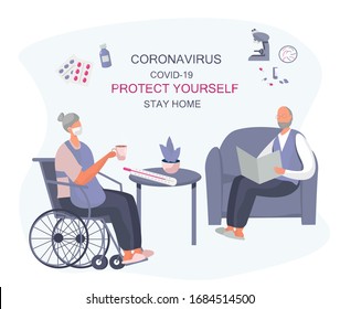 Seniors Stay Home.Social Distancing,
Pensioner Keeping Distance for Decrease Infection Risk For Prevent Virus Covid-19.
Stay Home on Quarantine During the Coronavirus Epidemic.Flat Vector Illustration