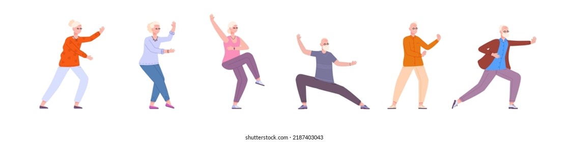 Seniors tai chi. Retired people taichi movement, active morning chinese exercise diversity sport exercising flexibility body wellness elderly activity, vector illustration of senior elderly do fitness