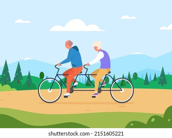 Seniors Tandem Bike. Old Couple Ride On Couplebike, Grandpa Grandmother Travel Cycling, Grandparents Arthritis Biking Bicycle Health Fitness Elderly People Vector Illustration Of Senior Couple Tandem