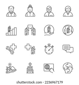 Seniors Thin Line Icons, Aging society concept, Vector line icon set