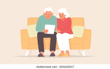 Seniors use the tablet while sitting on the couch. Communication with children and grandchildren by video call. Vector illustration in flat style