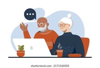 Los mayores usan gadget. Abuelos en laptop, familia de ancianos dominando tecnologías y dispositivos modernos. Formación y autodesarrollo. Vieja pareja charlando en internet. Dibujo vectorial plano de dibujos animados