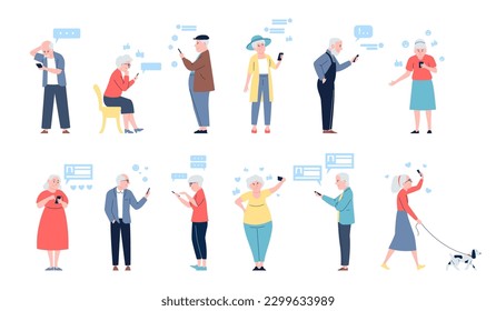 Seniors using smartphones. Modern elderly communicated with gadgets, chatting and scrolling. Grandparents flat characters, recent vector set