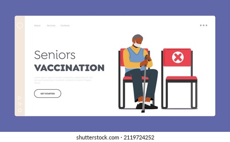 Seniors Vaccination Landing Page Template. Old African Man Waiting in Hospital Hall. Senior Male Character Wear Mask Wait Vaccine against Coronavirus Infection. Cartoon People Vector Illustration