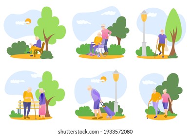 Seniors walking in summer park set. Elderly people outdoor activities, healthy lifestyle concept. Grandparents walking, sitting on bench, strolling in wheelchair cartoon vector illustration