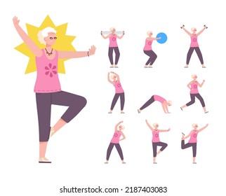 Seniors woman exercise. Aged lady fitness exercises wellness, elderly person active care health action sport elder athlete gym beautiful grandmother, vector illustration of exercise fitness for senior