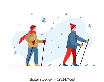 Seniors woman skiing. Ladies are active, healthy, cheerful. Active Leisure on winder day for elderly people. Concept vector illustration for web, brochure