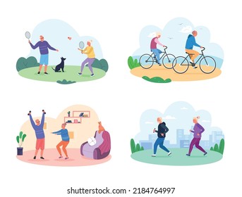 Seniors workout lifestyle. Aged people sport exercise, badminton home fitness cycling running, wellness cheerful healthy elder couple,active elderly athletes, vector illustration of old woman and man