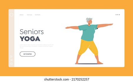 Seniors Yoga Landing Page Template. Old Woman Healthy Sport Life, Aerobics Or Pilates Workout Training Class. Senior Female Character In Sports Wear Engage Fitness. Cartoon People Vector Illustration