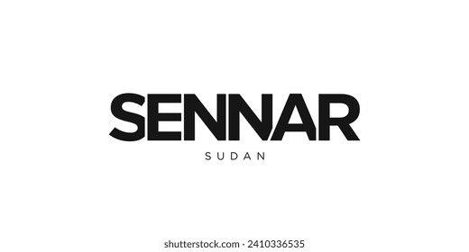 Sennar in the Sudan emblem for print and web. Design features geometric style, vector illustration with bold typography in modern font. Graphic slogan lettering isolated on white background.