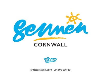 Sennen Cove, Aa very popular holiday beach resort in South West Cornwall in the UK as a three colour logo, featuring the word 'Sennen' as hand drawn script