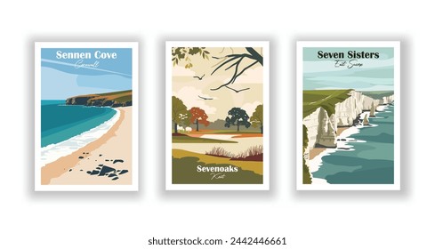 Sennen Cove, Cornwall. Seven Sisters, East Sussex. Sevenoaks, Kent - Set of 3 Vintage Travel Posters. Vector illustration. High Quality Prints