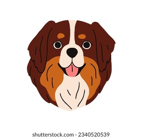 Raza Sennenhunds, avatar de perro de montaña suizo. Cabeza de cachorro, retrato animal canino. Perro pastor, cachorro tricolor, boquilla divertida. Ilustración vectorial gráfica plana aislada en fondo blanco