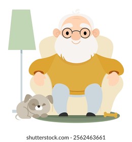 Senor elderly man sits in a soft chair at home with a dog lying nearby