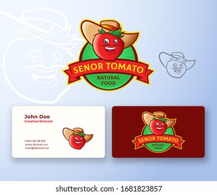Senor Tomato Abstract Vector Logo and Business Card Template. Premium Stationary Realistic Mock Up. Funny Smiling Spanish Man Moustache Face in a Hat. Vegetable Food Emblem. Isolated.