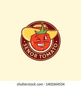 Senor Tomato Abstract Vector Sign, Symbol or Logo Template. Funny Smiling and Winking Spanish Man Face in a Hat. Retro Typography Vegetable Food Emblem. Isolated.