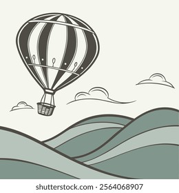 The sense of adventure with a minimalist vector illustration of a hot air balloon soaring gracefully over rolling hills. 