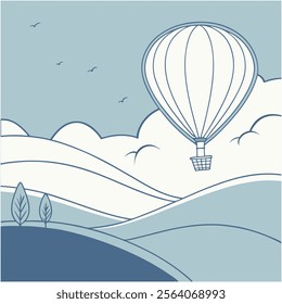 The sense of adventure with a minimalist vector illustration of a hot air balloon soaring gracefully over rolling hills. 