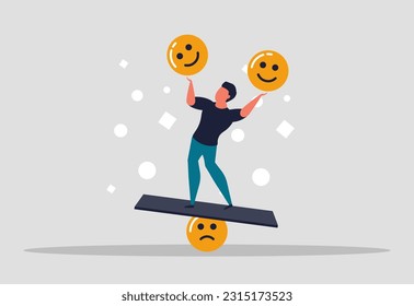 A sense of balance over human emotions. A man who controls himself and his emotions. Coping with stress and happy people. A man balances on a panel and holds a smiling face. Vector illustration