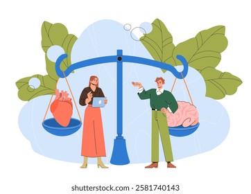 Sense or brain. Man and woman standing near scales with brain and heart. Intelligence or emotions. Two approaches to information analysis. Mind or heart. Flat vector illustration