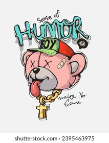 sense of humor calligraphy slgan with bear doll head tongue out graphic vector illustration