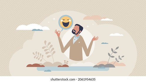 Sense of humor and funny story telling to get laughter tiny person concept. Human skill and talent to express anecdotes or stand up comedy vector illustration. Happy emotion or feeling face expression