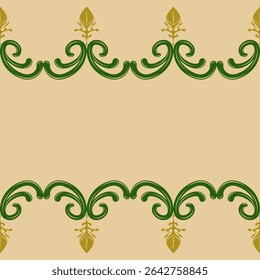Sense of Luxury Filigree Scroll Ornament Gold and Green on Tan Beige Background Border Pattern. Royal Elegance Baroque Curly Swirl Frame for Decoration Invitation Striped Apparel Embroidery Abstract
