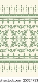 Sense of Luxury and Timeless Elegance Glasshouse Green Jade Color Embroidery on Beige Background Seamless Pattern Vector. Making it perfect for high-end upholstery, drapery, or fashion applications.