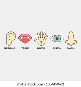 Sinnliche Organe flache Vektorsymbole. Hören, Geruch, Berührung, Sehen, Geschmack flacher Vektorsymbole