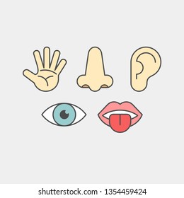 Sense organs flat vector icons. Hearing, smell, touch, vision, taste flat vector icons