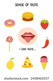 Sense organs. Sense of Taste. Vector illustration. Worksheet for kids.