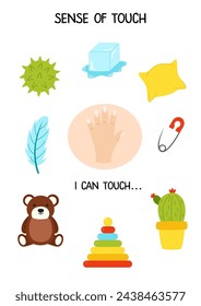 Sense organs. Sense of touch. Vector illustration. Worksheet for kids.