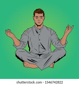 A sense of peace visited the man. He has made great progress in meditation. Vector image in the style of a comic book. Pop art style.