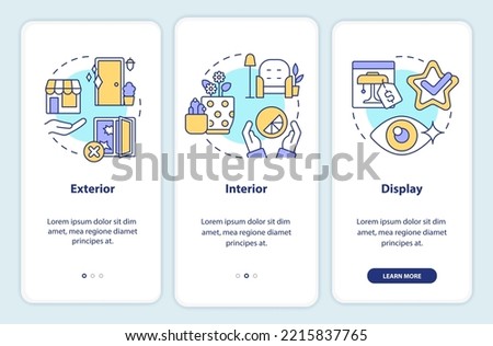 Sense of sight in retail store onboarding mobile app screen. Interior walkthrough 3 steps editable graphic instructions with linear concepts. UI, UX, GUI template. Myriad Pro-Bold, Regular fonts used