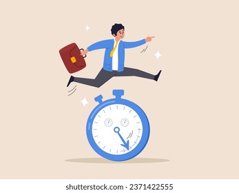 Sense of urgency concept. Quick response attitude to get work done as soon as possible now, reaction to priority task or important, fast businessman running and jump high over countdown timer clock.