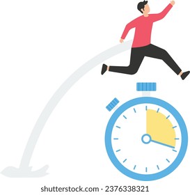 Sense of urgency, quick response attitude to get work done as soon as possible now, reaction to priority task or important concept, fast businessman running and jump high over countdown timer clock

