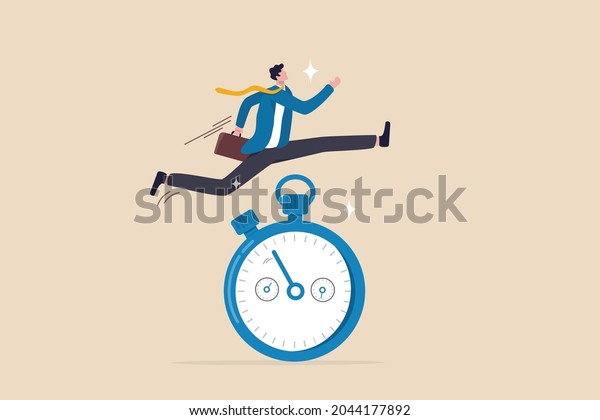 Sense of urgency, quick response attitude to get\
work done as soon as possible now, reaction to priority task or\
important concept, fast businessman running and jump high over\
countdown timer clock.
