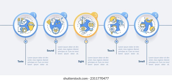 Senses of sensory branding circle infographic template. Sound and sight. Data visualization with 5 steps. Editable timeline info chart. Workflow layout with line icons. Lato-Bold, Regular fonts used