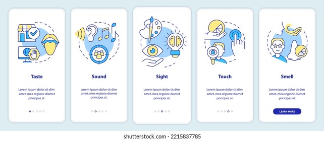 Senses of sensory marketing onboarding mobile app screen. Smell, sound walkthrough 5 steps editable graphic instructions with linear concepts. UI, UX, GUI template. Myriad Pro-Bold, Regular fonts used