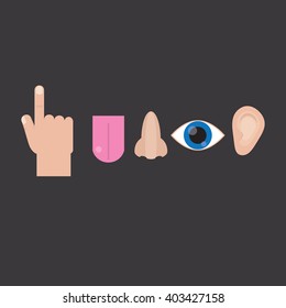 Senses: sight, touch, smell, hearing, taste. Senses in the flat style on gray background.  Vector.