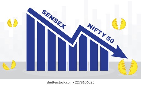 Sensex Going Down mit Nifty 50 im indischen Aktienmarkt und gebrochen indischen Rupee-Münzen.